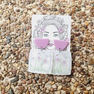 Purple Flower Print Acrylic Stud Dangle Earrings
