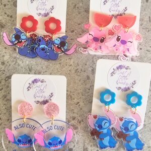 Stitch And Angel Blue And Pink Alien Design Lot 2 Acrylic Stud Dangles