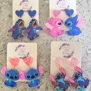 Stitch And Angel Blue And Pink Alien Design Lot 3 Acrylic Stud Dangles