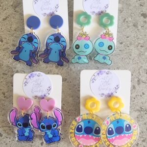 Stitch Blue Alien Design Lot 4 Acrylic Stud Dangles