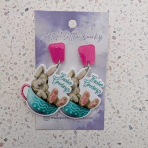 Easter Greetings Bunny In Teacup Acrylic Stud Dangle Earrings