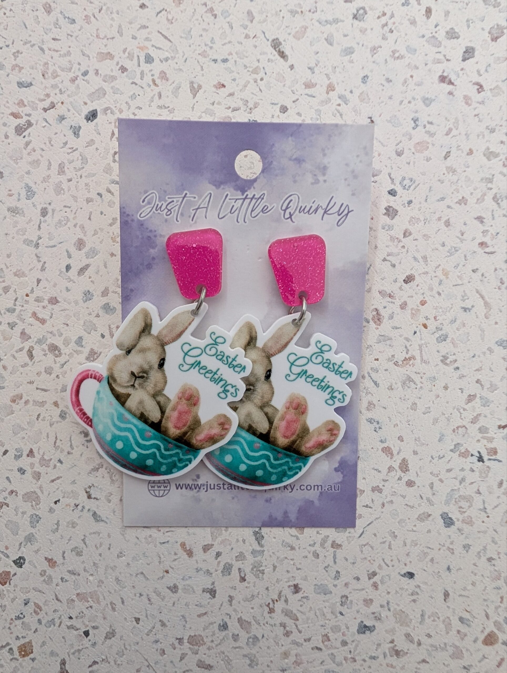 Easter Greetings Bunny In Teacup Acrylic Stud Dangle Earrings