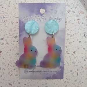 Rainbow Colourful Bunny Rabbit Easter Acrylic Stud Dangle Earrings