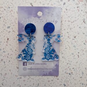 Blue Floral Bunny Rabbit Easter Acrylic Stud Dangle Earrings
