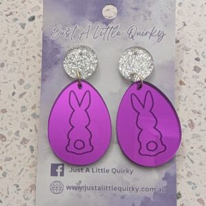 Purple Mirror Easter Egg Engraved With Bunny Rabbit Acrylic Stud Dangle Earrings