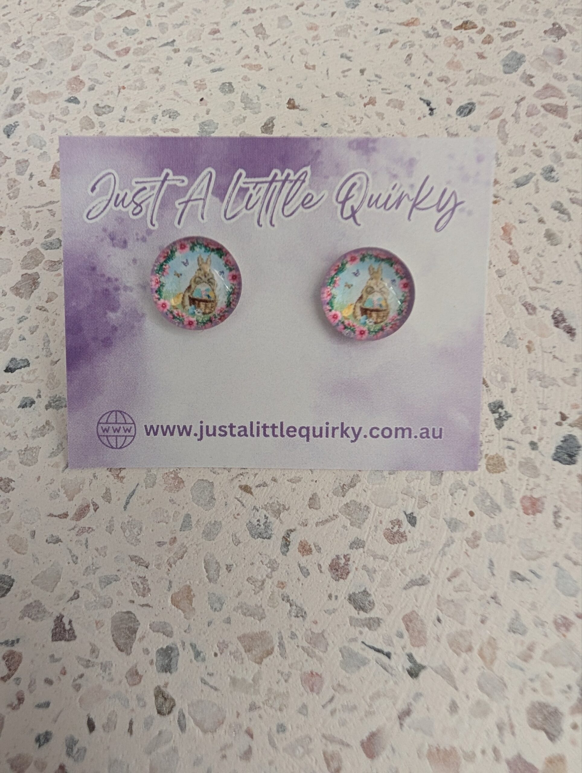 Brown Bunny Rabbit With Easter Basket Stud Earrings