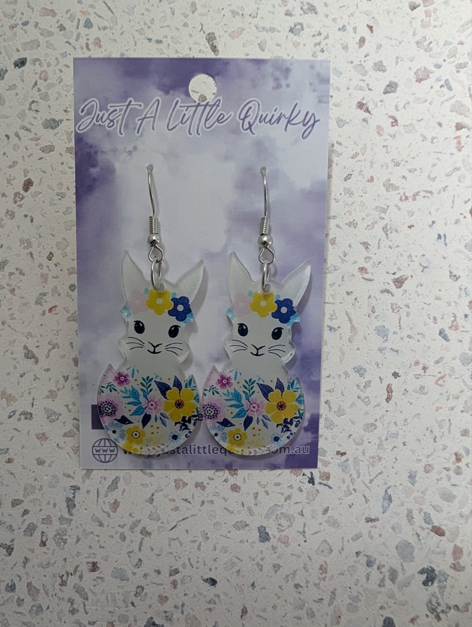 Acrylic Floral White Bunny Inside Easter Egg Hook Dangle Earrings - Image 2