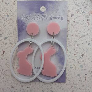 Pink Bunny Inside Egg Shape Acrylic Stud Dangle Earrings