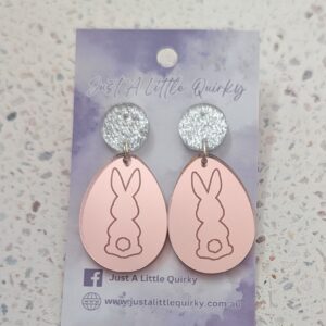 Rose Gold Mirror Easter Egg Engraved With Bunny Rabbit Acrylic Stud Dangle Earrings