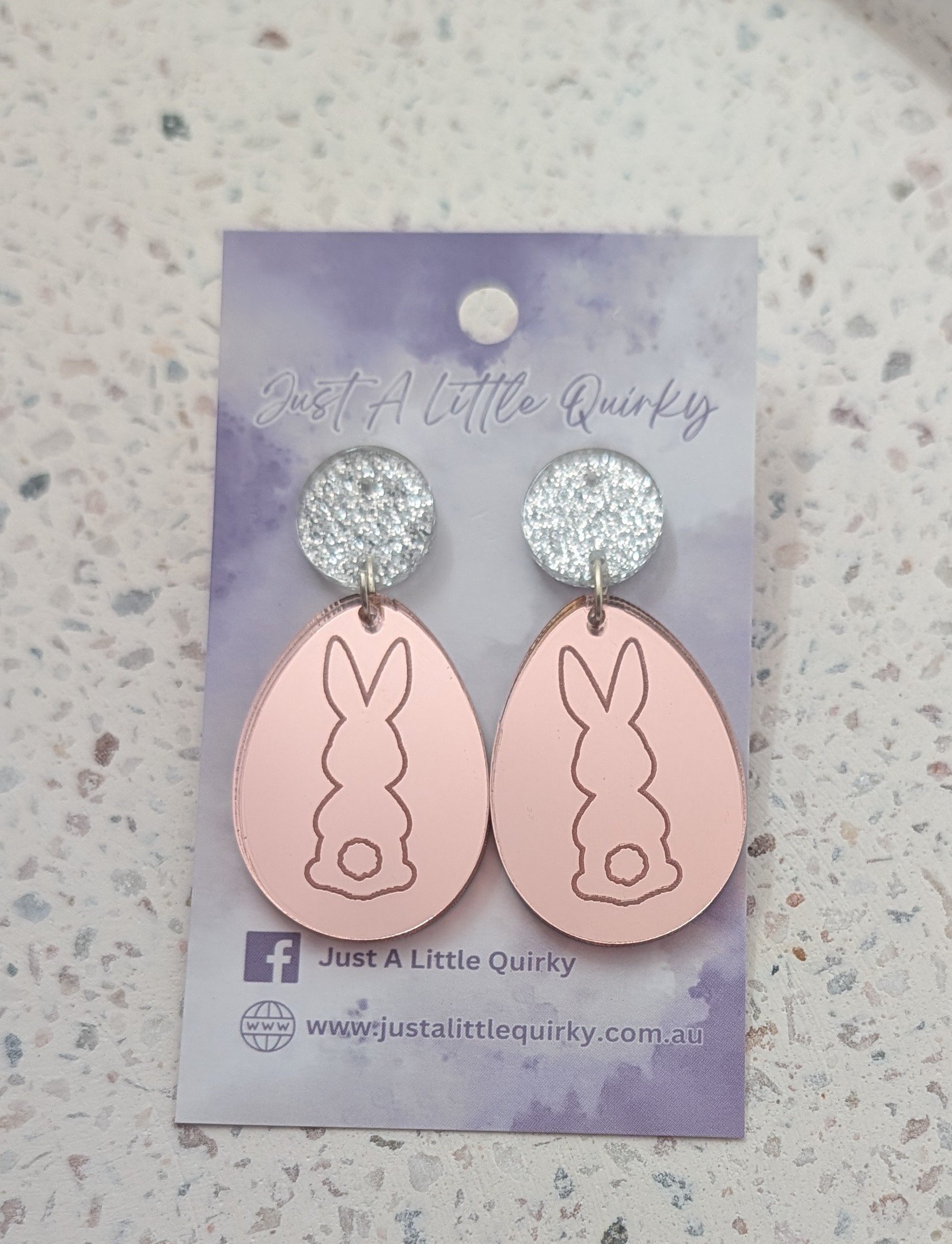 Rose Gold Mirror Easter Egg Engraved With Bunny Rabbit Acrylic Stud Dangle Earrings
