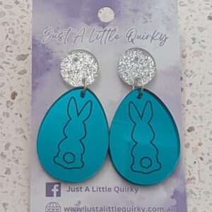 Teal Mirror Easter Egg Engraved With Bunny Rabbit Acrylic Stud Dangle Earrings