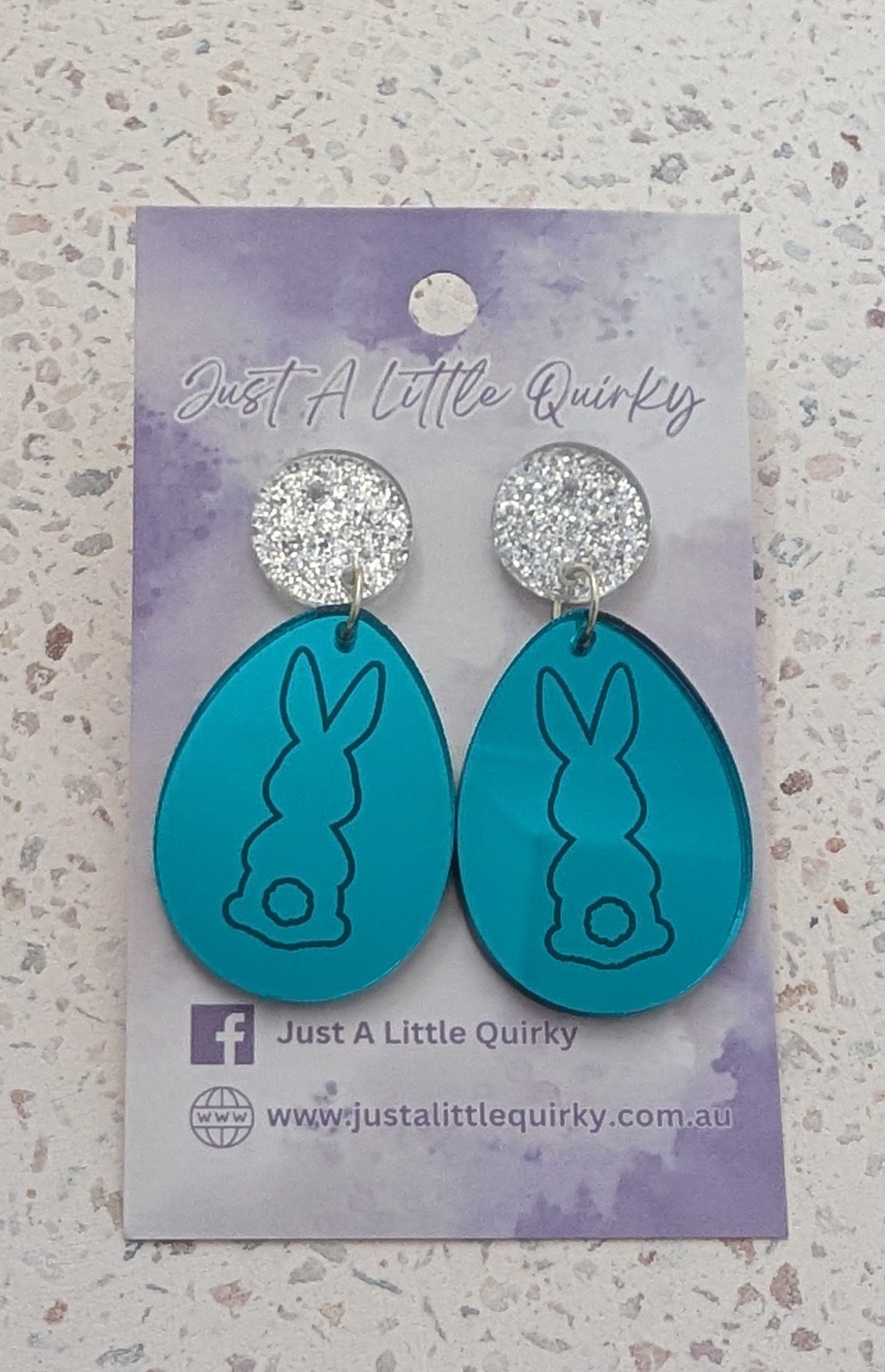 Teal Mirror Easter Egg Engraved With Bunny Rabbit Acrylic Stud Dangle Earrings